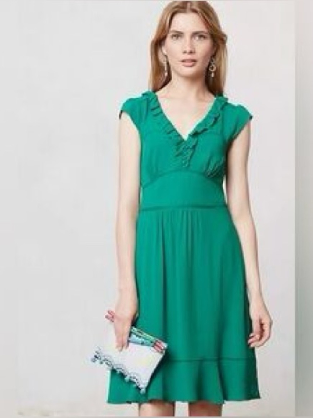 Maeve Anthropologie Ruffled Della Dress Emerald Green Cap Sleeve Midi Size 2
